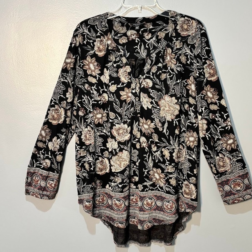 Lucky Brand Blouse Womens XL Black Floral Viscose Boho Henley Tunic Top Chic